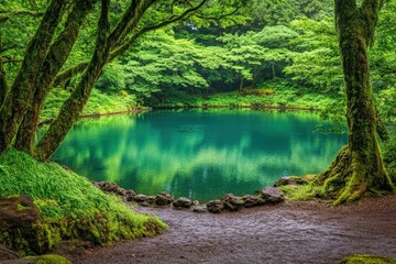 Lush green forest with a tranquil, turquoise lake