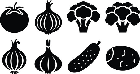 Black and white vector illustration of various vegetables icons set