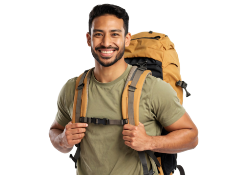 Smiling Man With Backpack Isolated On Transparent Background Travel Concept