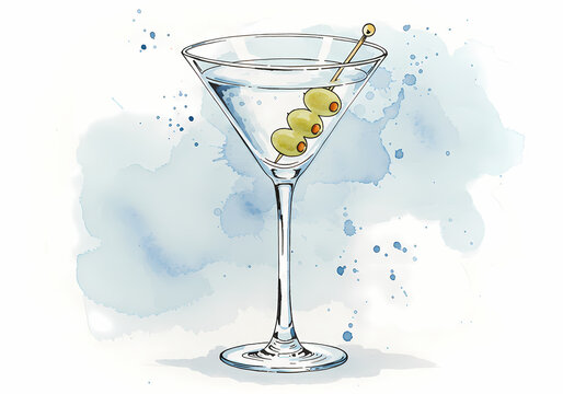 Watercolor Martini Cocktail Illustration: Elegant Gin or Vodka Drink Recipe Graphic