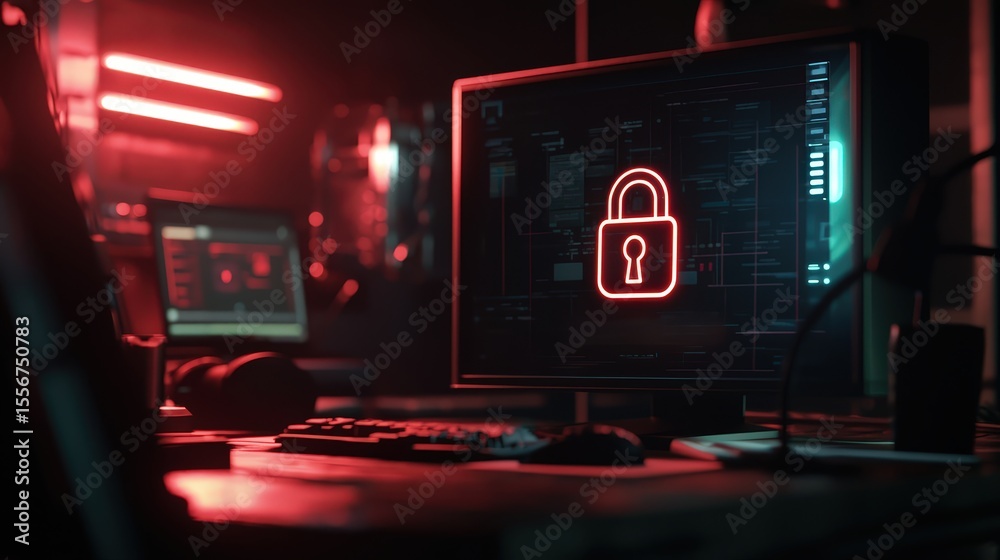 Poster cybersecurity awareness training office environment digital display high-tech workspace focused pers