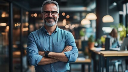 Fototapeta premium This portrait captures a confident middle-aged businessman in a modern office setting. With a warm smile and crossed arms, he embodies professionalism and success.