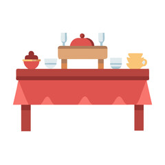 Festive table setting with red tablecloth and tableware design