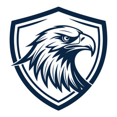Striking eagle head inside shield. Powerful, resolute, defense technology logo concept, vector illustration.