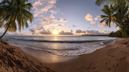 Fototapeta premium Sunset serenity over tranquil beach tropical paradise nature landscape warm environment wide-angle view relaxation concept