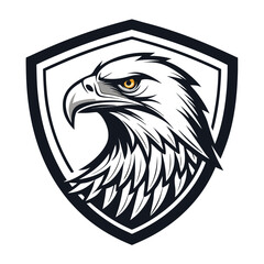 Fierce eagle head inside a shield, metallic frame, defense technology logo, modern, strong, secure.