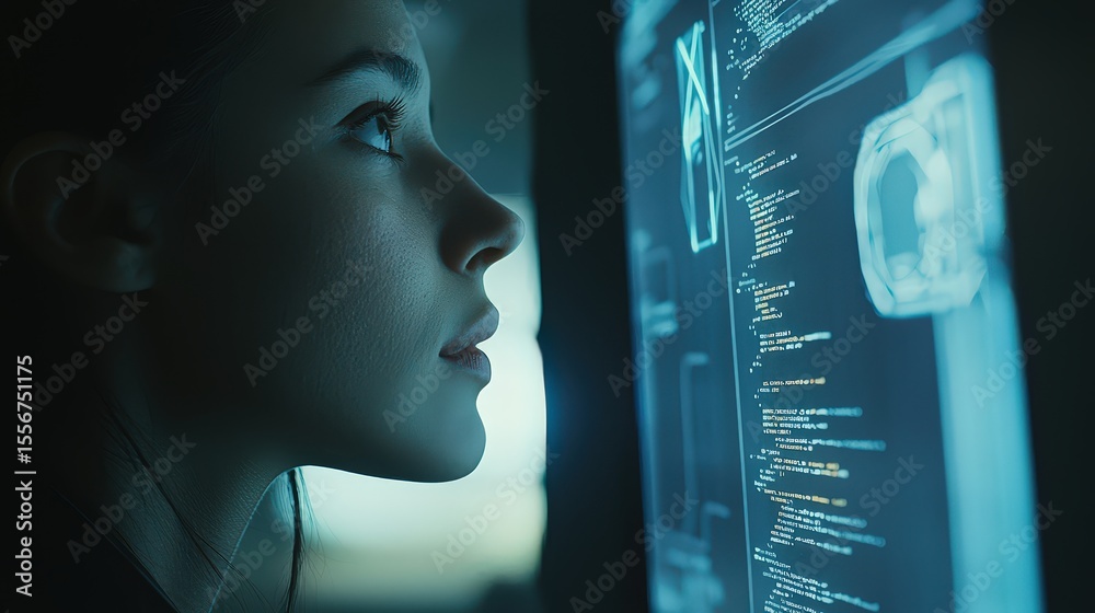 Poster Tech innovator analyzing data futuristic lab digital interaction cyber environment close-up empowering innovation