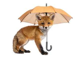 Curious Red Fox Cub with Orange Umbrella on a Transparent Background