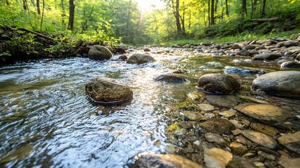 Serenity of a gentle stream flowing through a lush forest nature scene peaceful environment close-up view tranquility