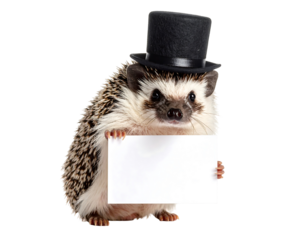Hedgehog In Top Hat Holding Blank Sign Against Transparent Background