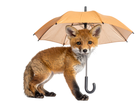 Curious Red Fox Cub with Orange Umbrella on a Transparent Background