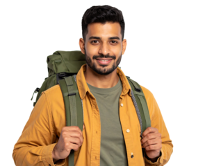 Smiling Man with Backpack Isolated on Transparent Background in Yellow Shirt