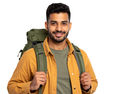 Smiling Man with Backpack Isolated on Transparent Background in Yellow Shirt