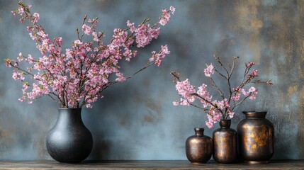 Pink cherry blossoms in dark vases © Kokom