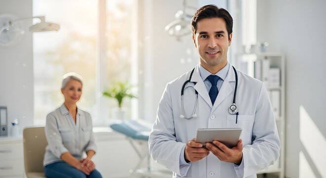 Doctor holding a digital medical chart in a modern clinic, patient in the background, natural lighting, healthcare and technology concept, professional and clean environment