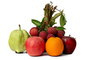 The High-resolution of guava, red apple, lychees and orange fruit photos with a 45MP camera