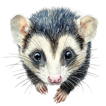 watercolor vector of Opossum Close Up, isolated on a white background.