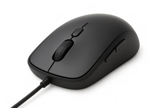 Sleek black wired computer mouse floating against transparent backdrop, highlighting minimalist design for tech product visualization