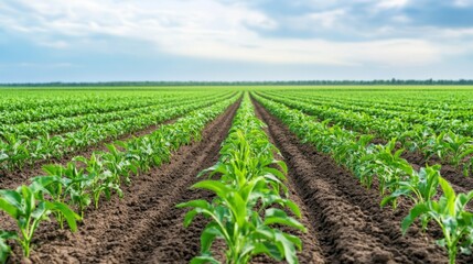 Lush Green Cornfield Rows Under Cloudy Sky in Agricultural Landscape