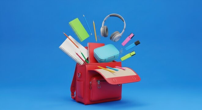 Colorful School Supplies Flying Out of a Red Backpack Ready for Adventure