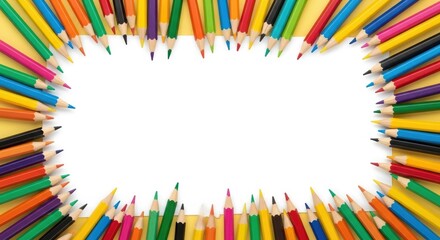 Fototapeta premium Colorful Pencils Arranged in a Rectangle Frame Around a White Background for Text