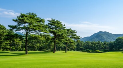 Fototapeta premium Serene Golf Course Landscape with Lush Green Grass and Clear Blue Sky