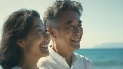 A happy senior Asian couple smiling and looking at the sea on the beach - Powered by Adobe