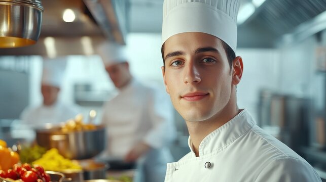 A young male chef wearing a crisp uniform, captured in a professional kitchen setting. His confident smile reflects passion and dedication to culinary art, surrounded by vibrant ingredients. - Powered by Adobe