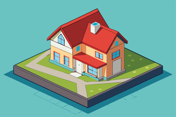 Isometric vector illustration of a residential house with a roof and windows, ideal for real estate and construction business
