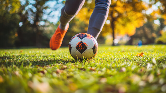 A soccer player juggling the ball in a park to improve their control and footwork - Powered by Adobe