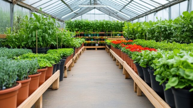 Vibrant Greenhouse Interior with Lush Plants and Colorful Flowering Pots