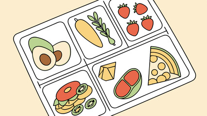 Illustration of a divided lunch tray with avocado strawberries cheese pizza and other food items inside it
