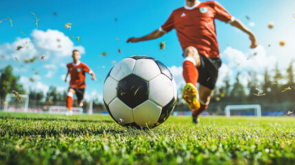 A player in action during a soccer match, with the ball moving through the air as a defender attempts to block it