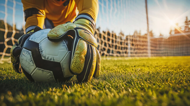 A goalkeeper adjusting their gloves and preparing for a penalty shot in a tense game