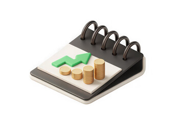 3d illustration of a financial graph with rising arrow and coins on a notepad