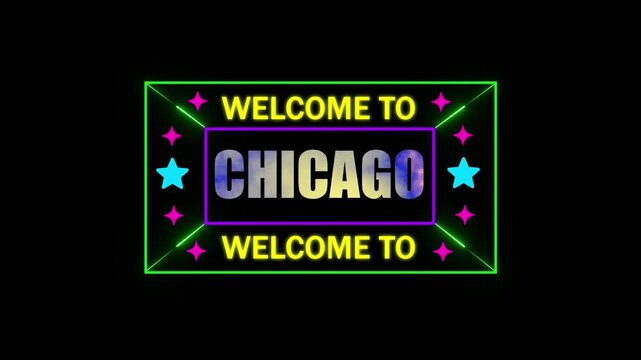 Welcome to CHICAGO animation.hit effect on a black screen transparent background Alpha channel.
