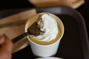 high-angle view of the ice cream and spoon