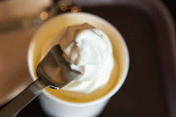 high-angle view of the ice cream and spoon