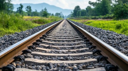 Obraz premium Scenic Railway Tracks Stretching into Green Fields and Rolling Hills under Blue Sky