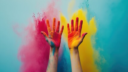 Two hands covered in vibrant colored powder with clouds of blue, yellow, and pink in the background.