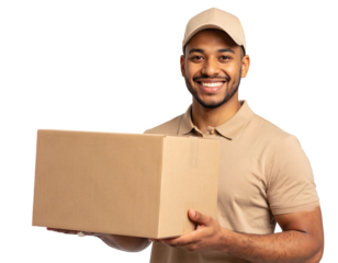 Smiling Delivery Man With Brown Uniform Holding Cardboard Box On Transparent Background