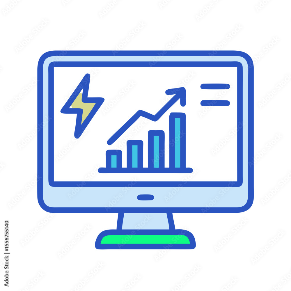 Poster computer screen displaying data chart and energy icon flat