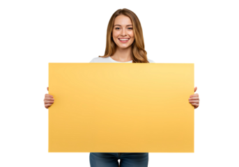 Woman holding a blank poster board with both hands on transparent background
