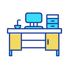 Stylized cartoon desk featuring computer and storage system