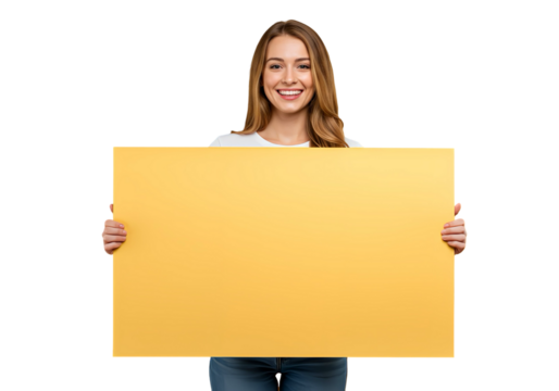 Woman holding a blank poster board with both hands on transparent background