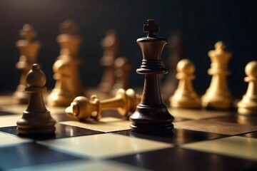A dramatic close-up of a chessboard, highlighting a checkmate situation; one king surrounded, the other toppled The concept of triumph and defeat is powerfully illustrated , challenge, chess, king