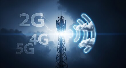 Telecommunication tower with 2 G 4 G 5 G text and glowing signal waves antenna network
