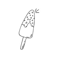 Ice cream doodle drawn in a fashionable style, pen ink black on an isolated white background sketch. Delicious cold treat for adults and children in hot weather. Relaxation in the park, sweet food. 