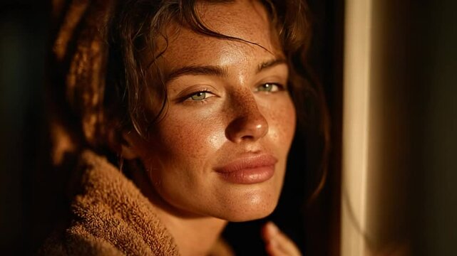 Serene portrait of a beautiful woman with a towel wrapped around her head in golden light