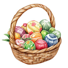 Nowruz Sweets Gift Basket, watercolor painting vector, isolated on a white background.